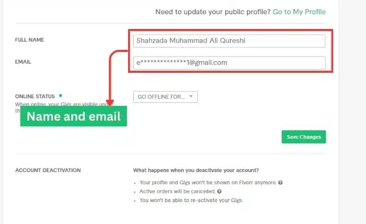 Change email and your name on fiverr